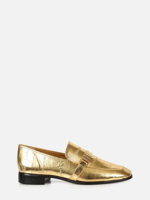 MOCASSIM EM COURO METALIZADO CHIARA OURO BICO QUADRADO 36