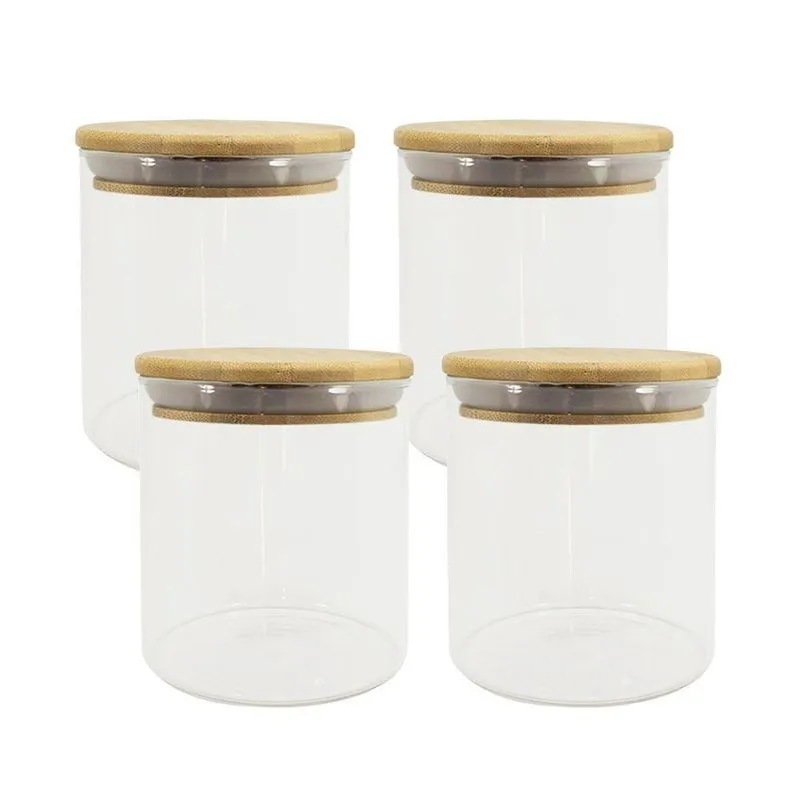 4 Potes De Vidro Com Tampa De Bambu Oikos 500ml Hermético Redondo