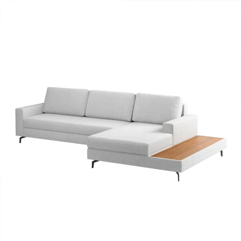 Sofá 6 Lugares Loft com Chaise Direito e Deck de Apoio Linho Cinza Claro 292 cm