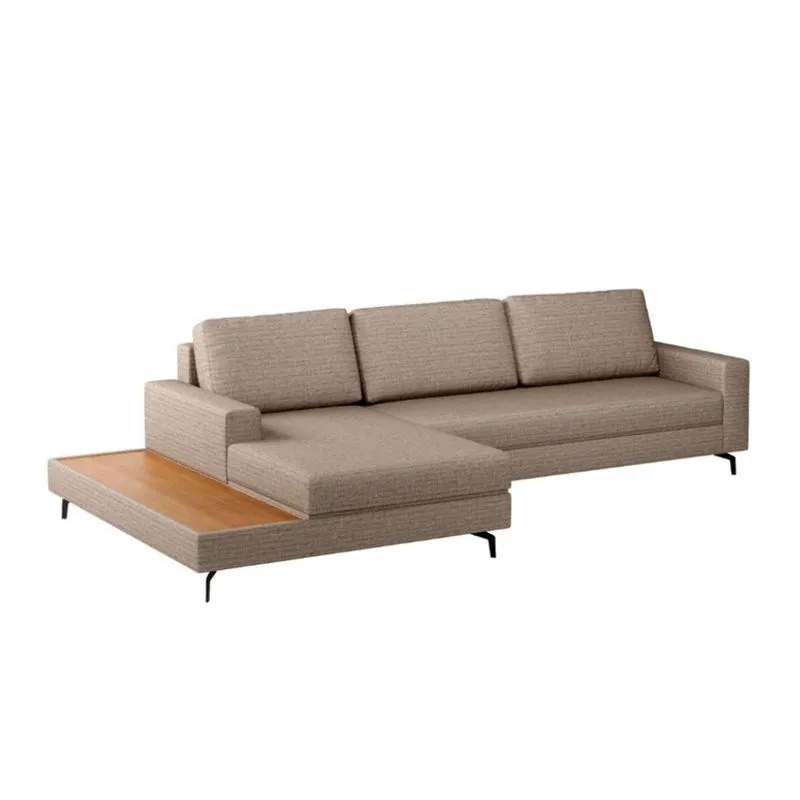 Sofá 6 Lugares Loft com Chaise Esquerdo e Deck de Apoio Linho Cinza Escuro 292 cm