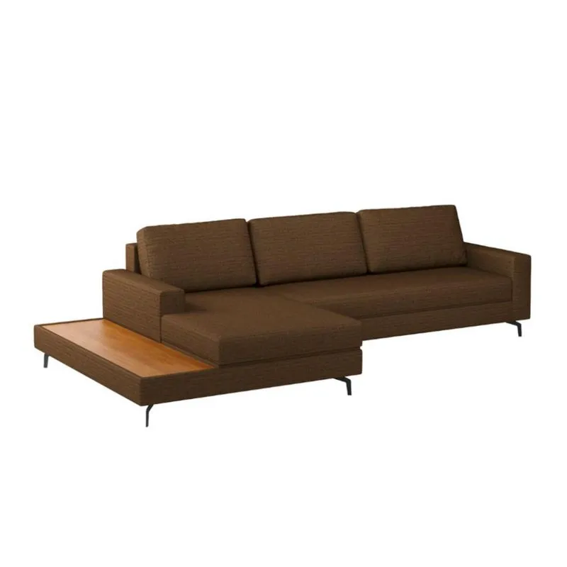 Sofá 6 Lugares Loft com Chaise Esquerdo e Deck de Apoio Linho Marrom 292 cm