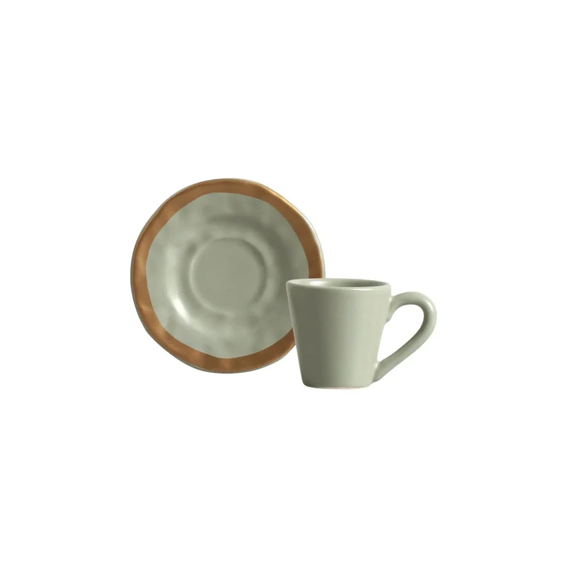 Jogo 6 Xícaras de Café com Pires Cerâmica Verde com Filete Amassada 80ml Scalla