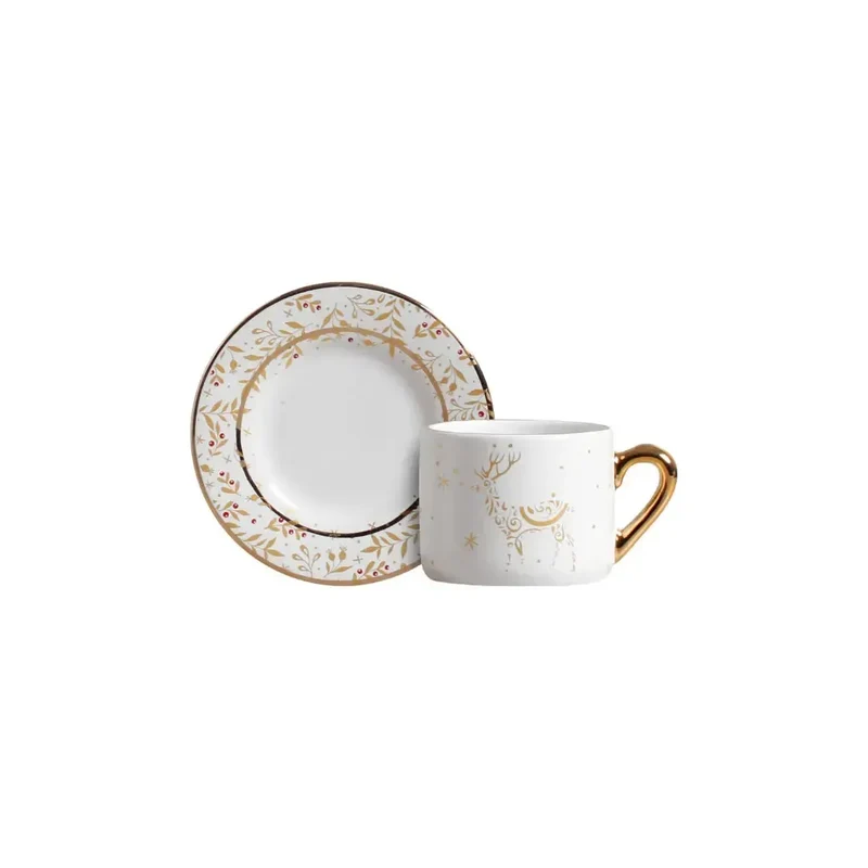 Jogo 6 Xícaras de Café Pires Cerâmica Branco Christmas Lights 100ml