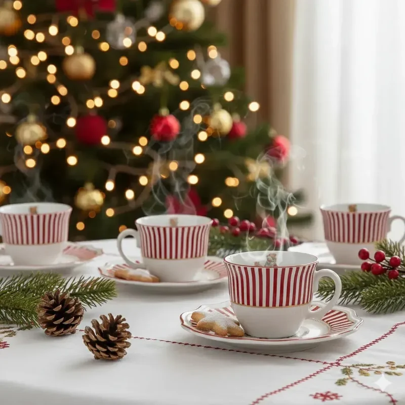 Jogo 6 Xícaras de Chá com Pires Cerâmica Vermelho Filete Dourado Christmas Charm Scalla