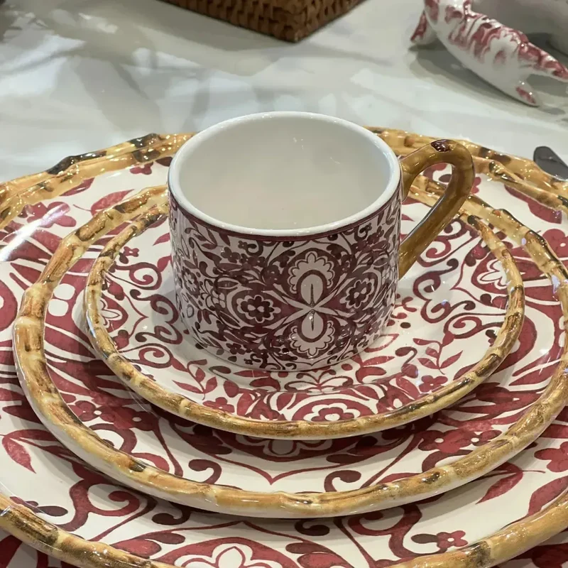 Jogo 4 Xícaras de Chá Cerâmica Dolce Mare Azulejo Português Vermelho 190ml Maison Blanche
