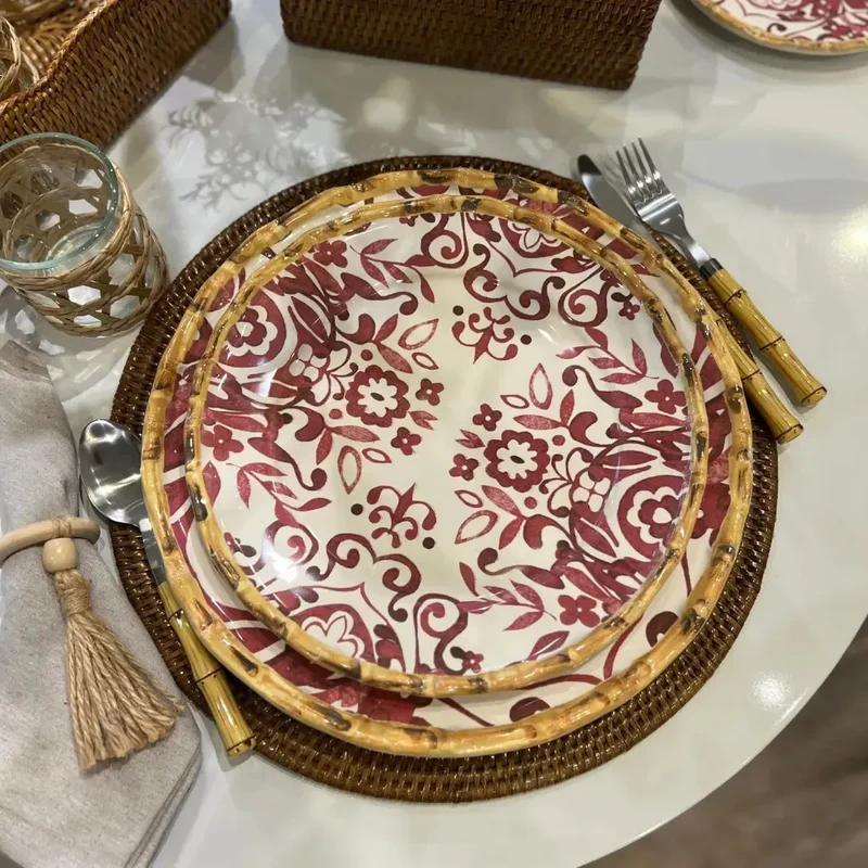 Jogo 4 Pratos Rasos Cerâmica Dolce Mare Azulejo Português Vermelho 27,5cm Maison Blanche