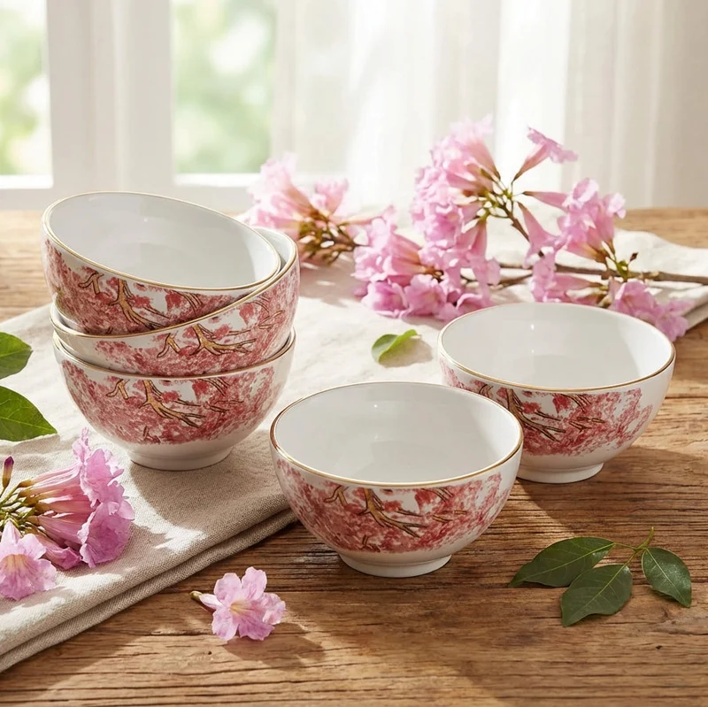 Jogo 6 Bowls Cerâmica Ypê Rosa com Filete de Ouro 450ml 7cm Scalla