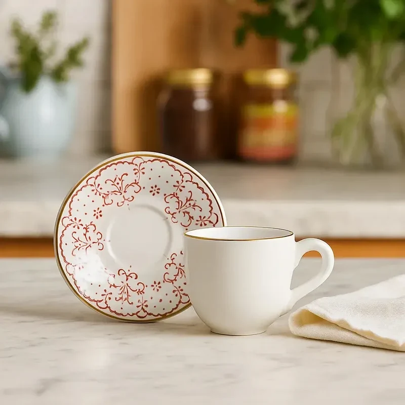 Jogo 6 Xícaras de Café com Pires Cerâmica Arabesco Rosa 90ml Scalla