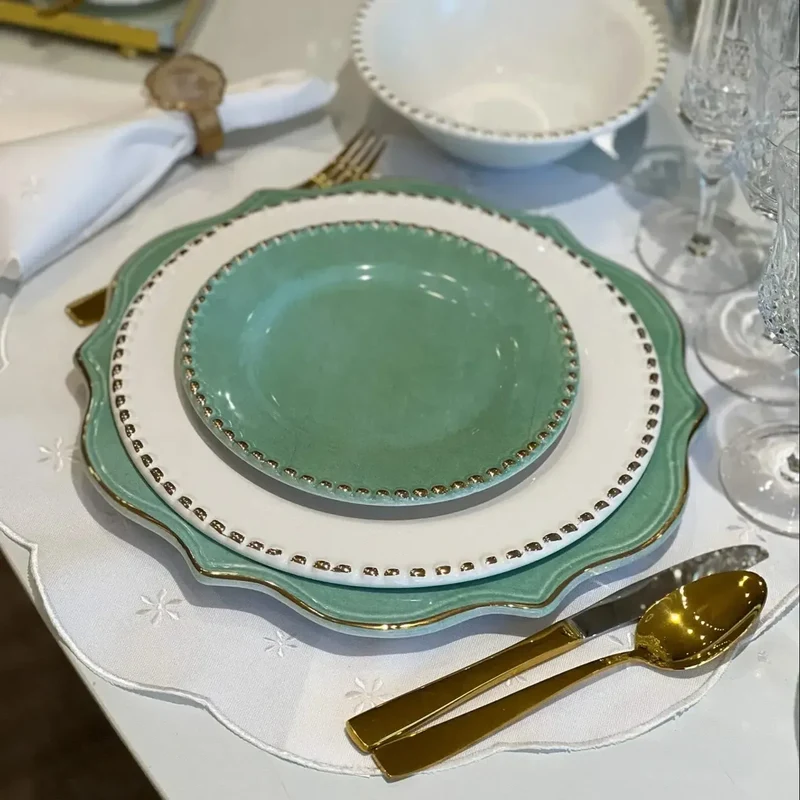 Jogo 6 Pratos de Sobremesa Cerâmica Brasilis Verde com Filete de Ouro 20cm Scalla