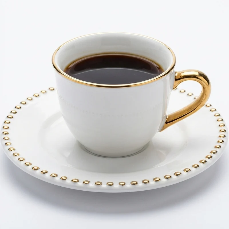 Jogo 6 Xícaras de Café com Pires Cerâmica Brasilis Branco com Filete em Ouro 100ml Scalla