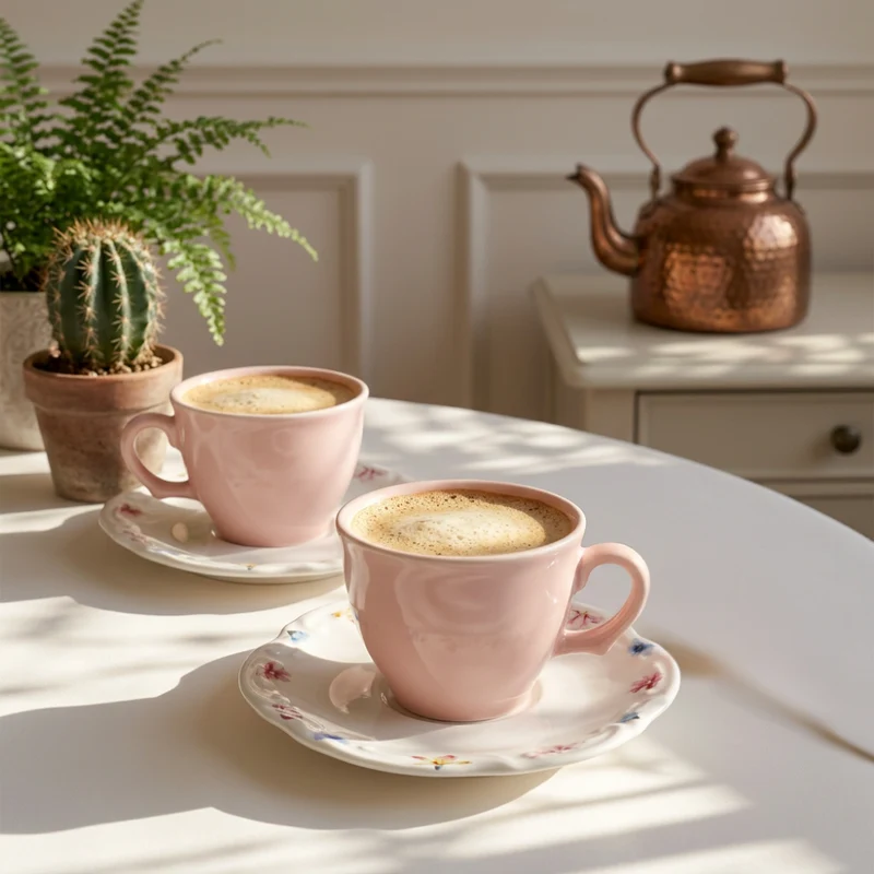 Jogo 6 Xícaras de Café com Pires Cerâmica Primavera Scalla