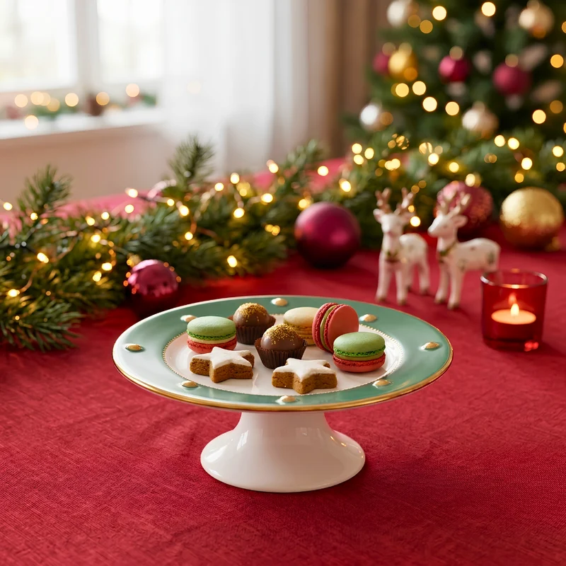 Porta Petit Four com Pé Cerâmica Christmas Balls Verde Filete de Ouro Scalla