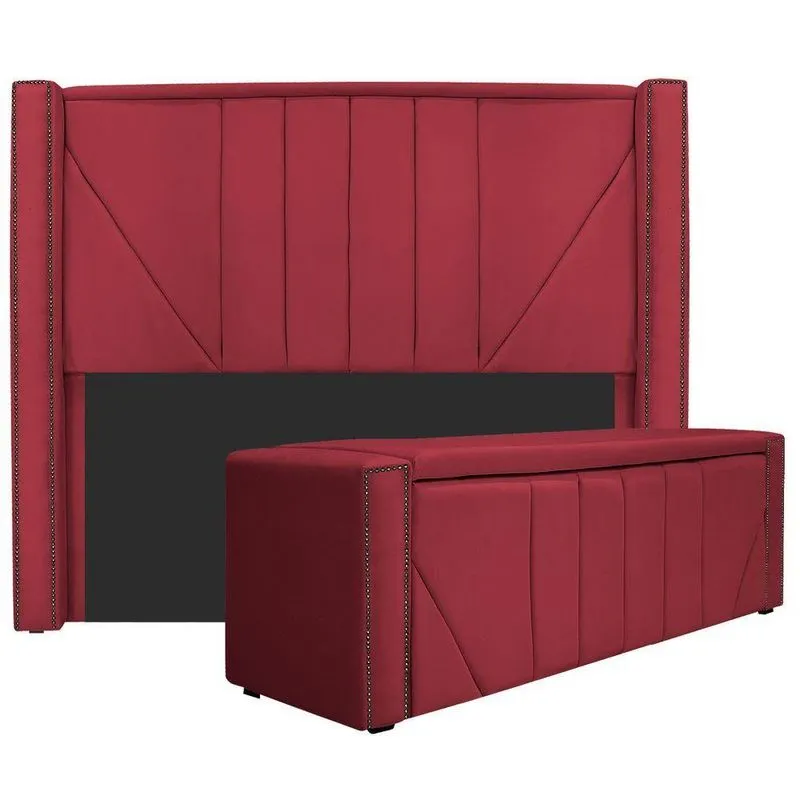 Cabeceira E Baú Casal 140Cm p/Cama Box - Adj Decor Vermelho