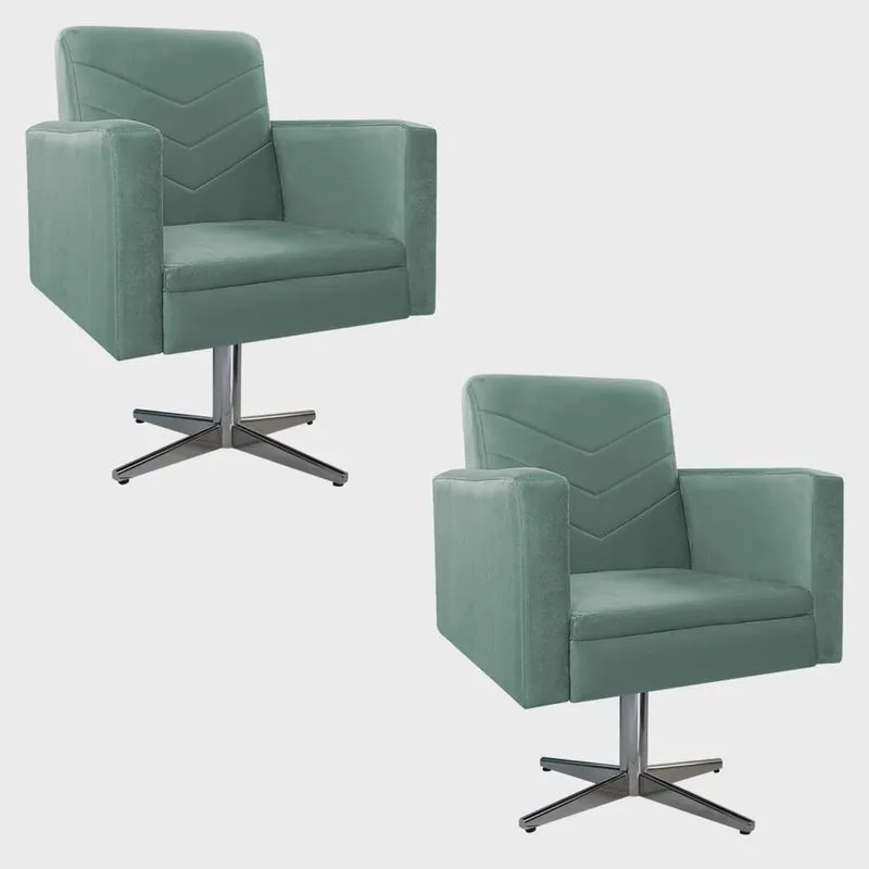 Kit 02 Poltronas Bella Base Giratório Metal Linho Azul Turquesa - Doce Sonho Móveis