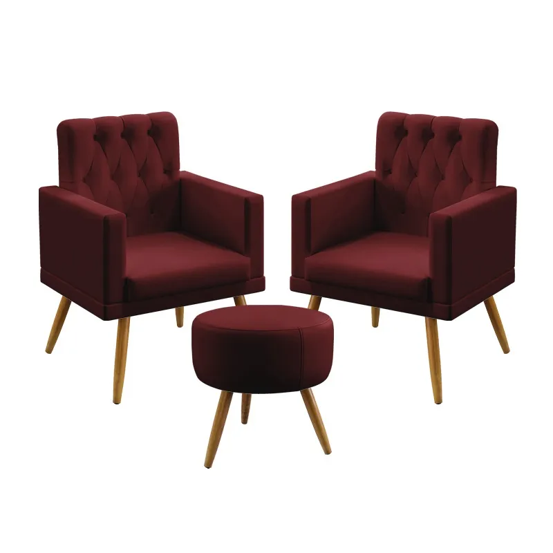Kit 2 Poltronas Decorativas Estofada Para Sala De Estar Vega e Puff Solar Rodapé E Botões Capitonê Sued Bordô Aradec