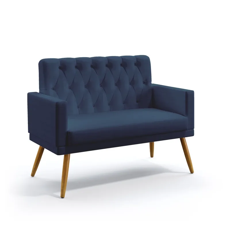 Poltrona Namoradeira Decorativa Estofada Vega Com Rodapé E Botões Capitonê Sued Azul Marinho Aradecor