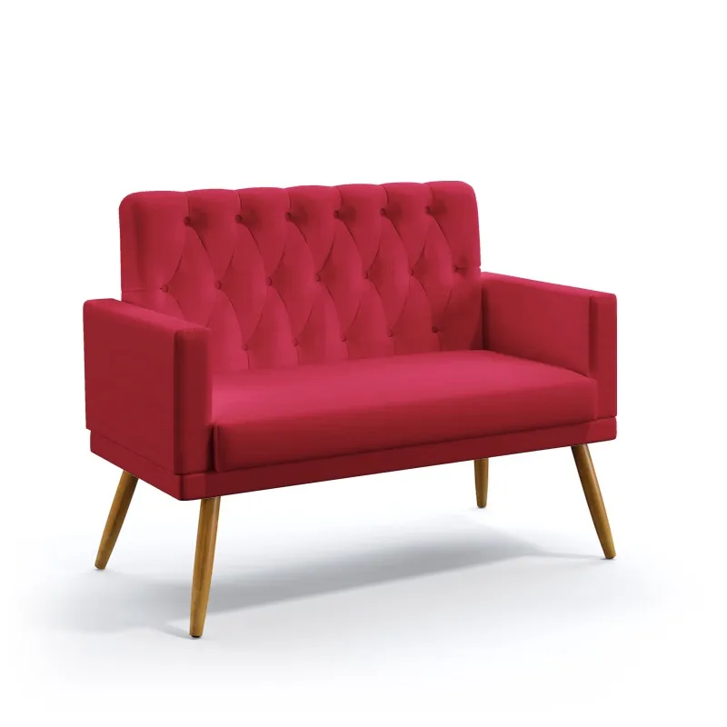 Poltrona Namoradeira Decorativa Estofada Para Sala De Estar Vega Com Rodapé E Botões Capitonê Sued Vermelho Aradecor