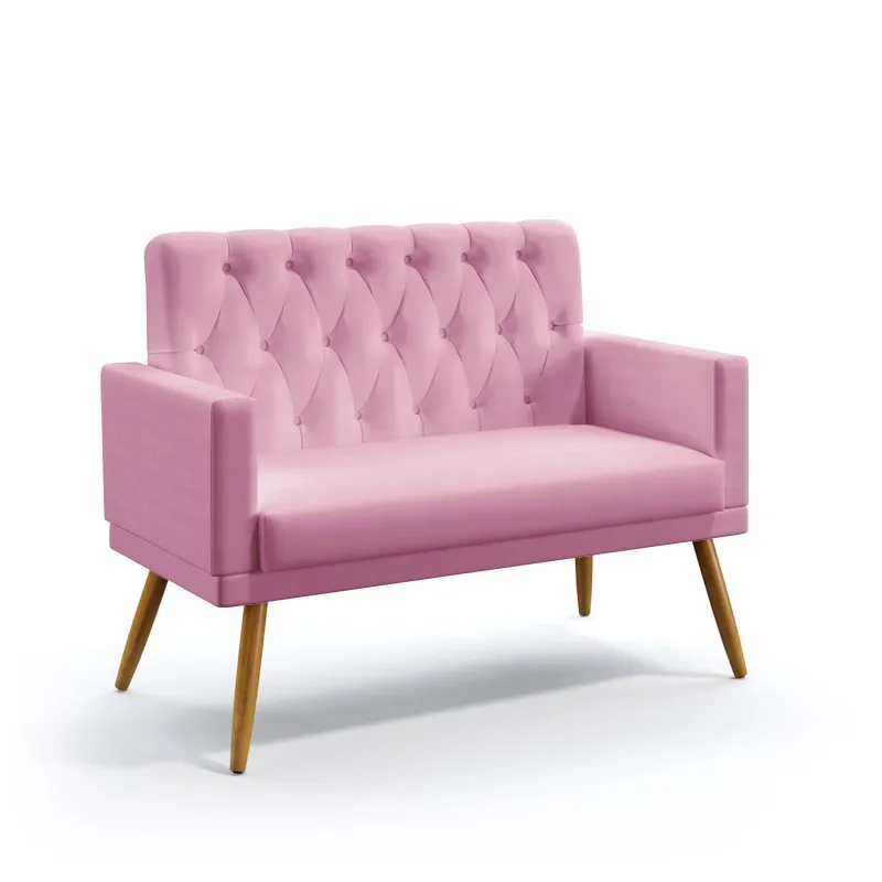 Poltrona Namoradeira Decorativa Vega Com Rodapé E Botões Capitonê Suede Rosê Aradecor