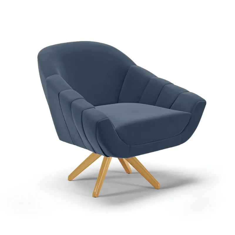 Poltrona Giratória Giovana Suede Azul Marinho Base Madeira MA30 - Indo Decorar - DRossi