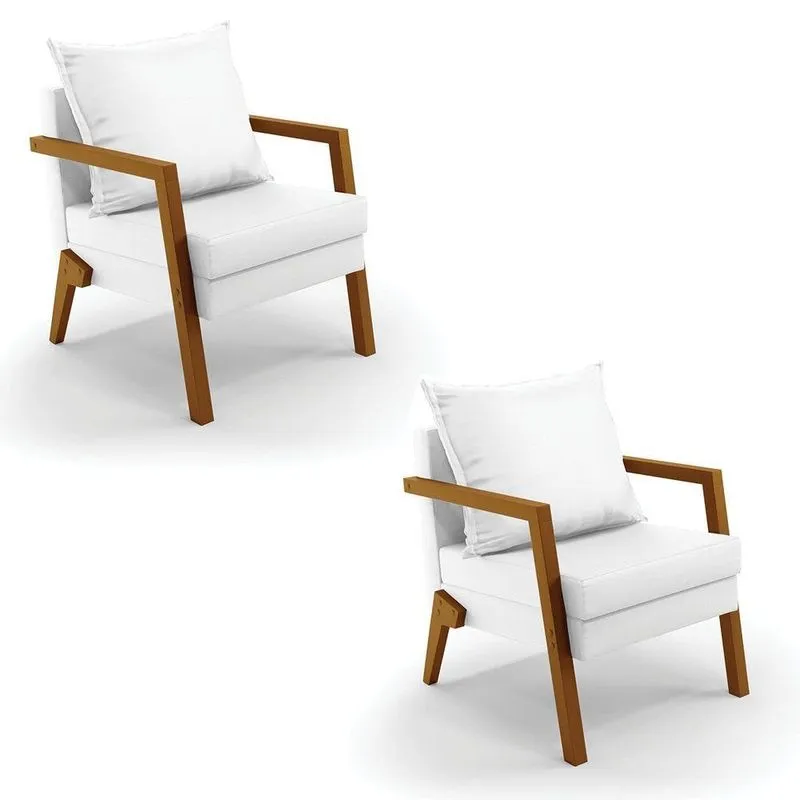 Kit 02 Poltronas Alice Corino Base De Madeira Cor Branco