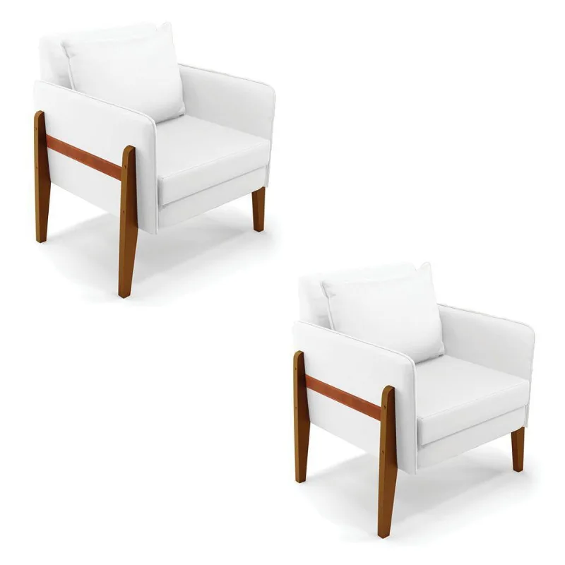 Kit 02 Poltronas Lana Corino Base De Madeira Branco