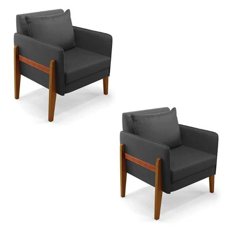 Kit 02 Poltronas Lana Corino Base De Madeira Preto