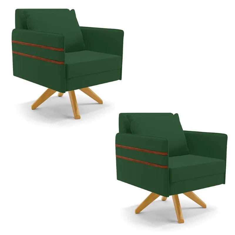 Kit 02 Poltronas Veludo Verde Base De Madeira Ma30