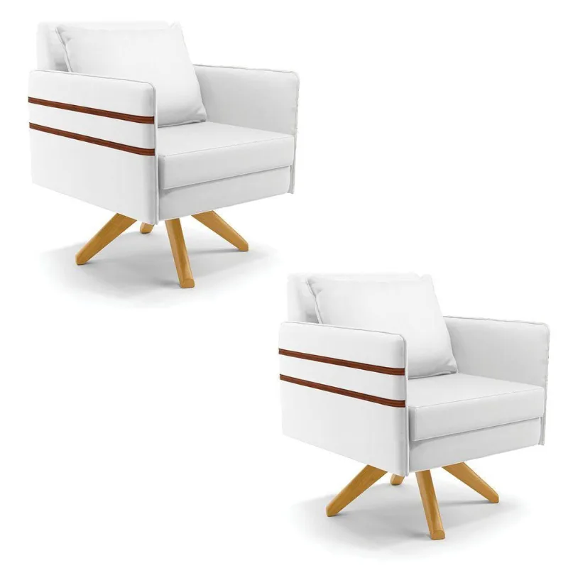 Kit 02 Poltronas Corino Branco Base De Madeira Ma30