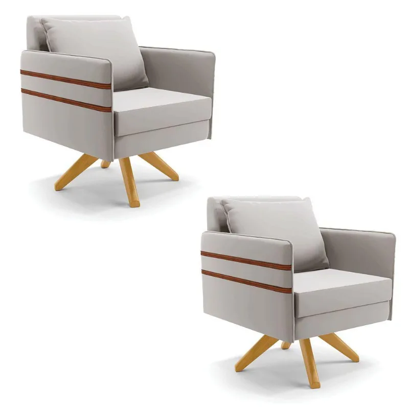 Kit 02 Poltronas Veludo Base De Madeira Ma30 Cinza
