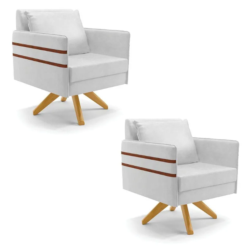 Kit 02 Poltronas Giratória Base De Madeira Ma30 Branco
