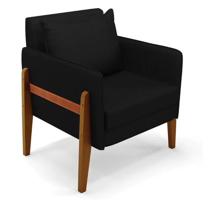 Poltrona Lana Veludo Luxo Base De Madeira A81 Preto