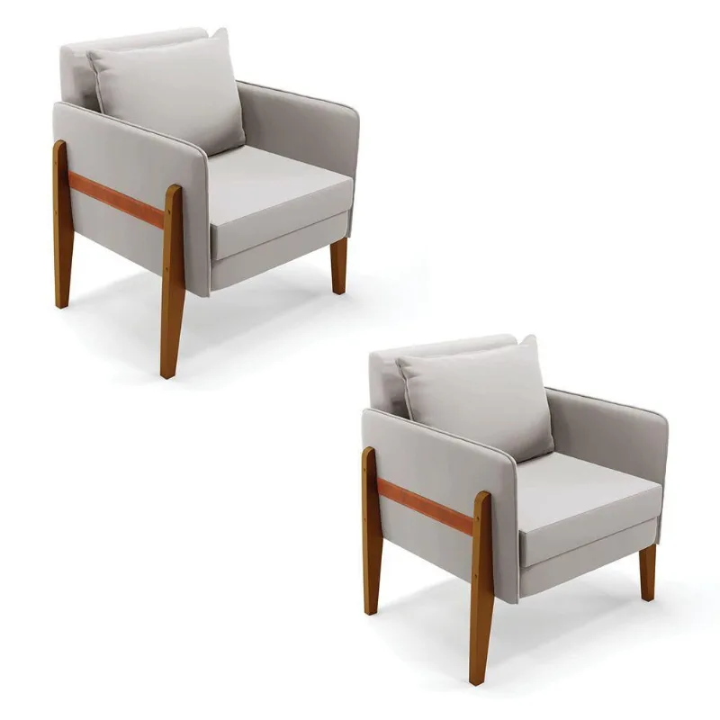 Kit 02 Poltronas Lana Veludo Base De Madeira Cinza