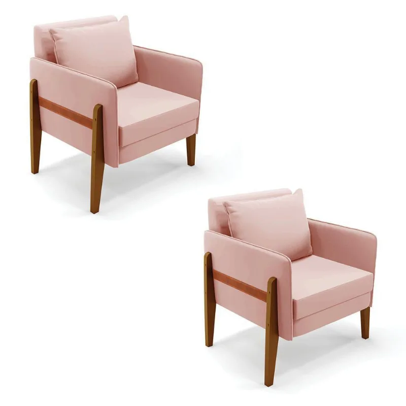 Kit 02 Poltronas Lana Veludo Base De Madeira Rose