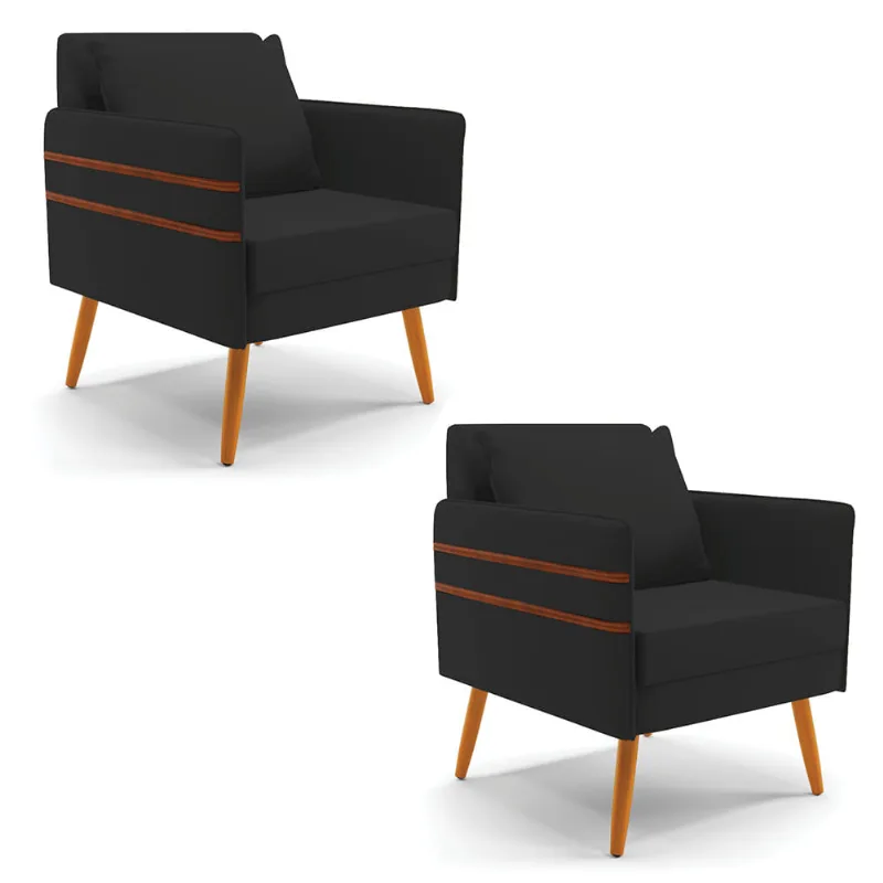 Kit 02 Poltronas Mari Veludo Preto Pés Palito Castanho - D'Rossi - DRossi