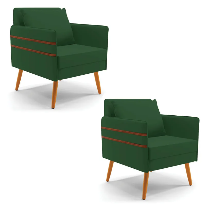 Kit 02 Poltronas Mari Veludo Verde Pés Palito Castanho - D'Rossi - DRossi