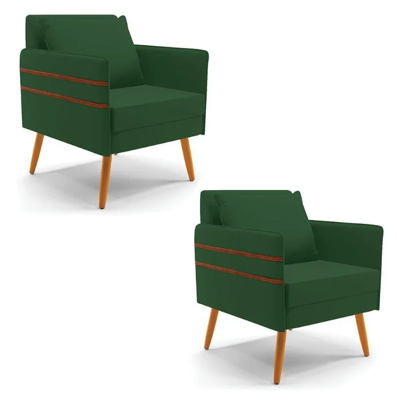 Kit 02 Poltronas Mari Veludo Pés Palito Castanho Verde