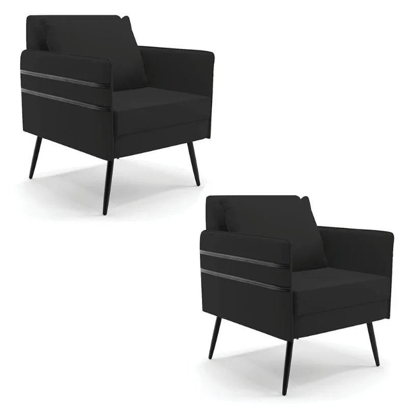 Kit 02 Poltronas Veludo Preto Pés Palito De Ferro Preto