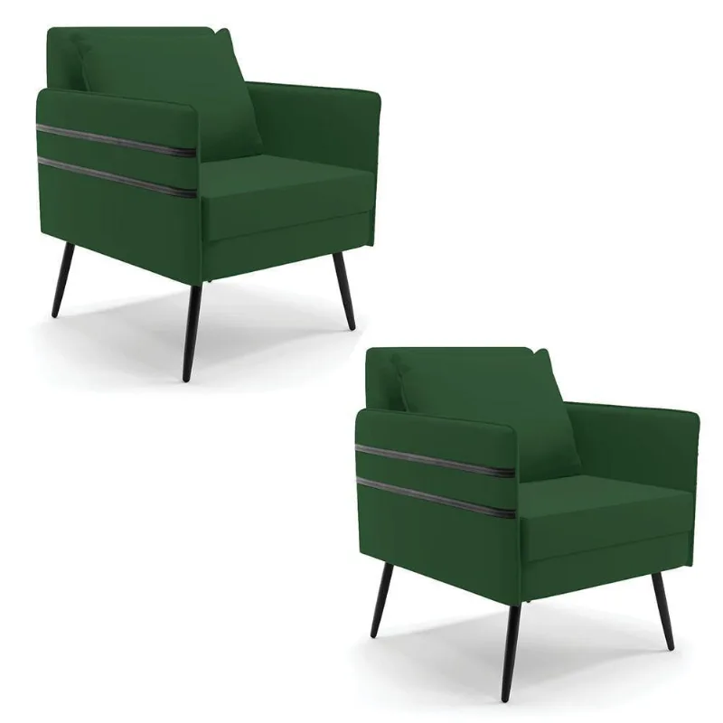 Kit 02 Poltronas Veludo Verde Pés Palito De Ferro Preto