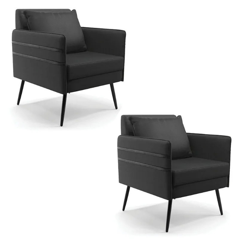 Kit 02 Poltronas Corino Preto Pés Palito De Ferro Preto