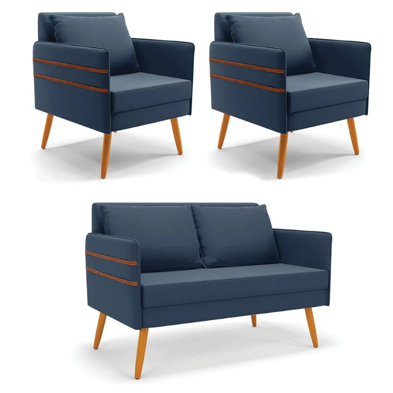 Kit 1 Namoradeira 02 Lugares e 2 Poltronas Mari Suede Pés Palito Castanho - D'Rossi Azul Marinho - DRossi