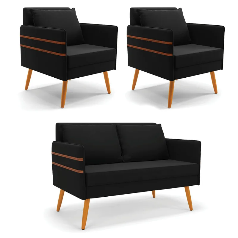 Kit 1 Namoradeira 02 Lugares e 2 Poltronas Mari Suede Pés Palito Castanho - D'Rossi Preto - DRossi