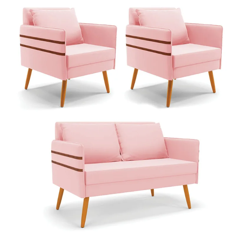 Kit 1 Namoradeira 02 Lugares e 2 Poltronas Mari Suede Pés Palito Castanho - D'Rossi Rosa Bebê - DRossi