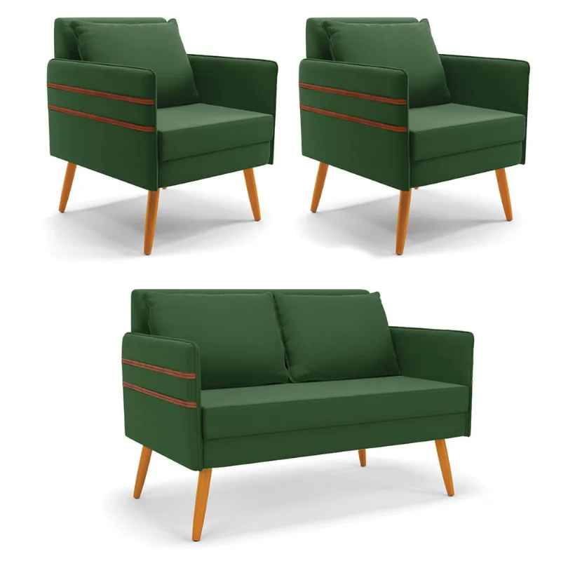 Kit 1 Namoradeira 02 Lugares e 2 Poltronas Mari Suede Pés Palito Castanho - D'Rossi Verde - DRossi
