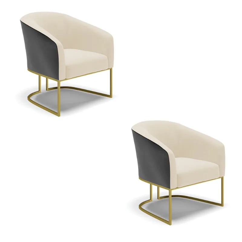 Poltrona Decorativa Industrial Dourado kit 2 Stella Preto/Linho Bege D03 - D'Rossi - DRossi