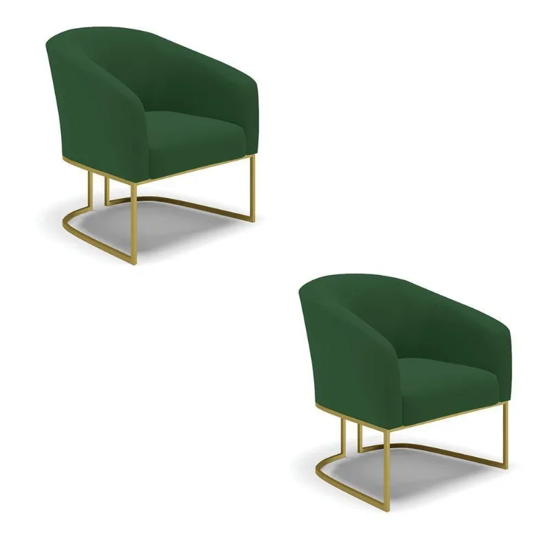 Kit 02 Poltronas Veludo Base Industrial Dourada Verde