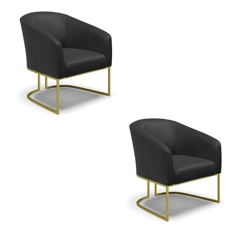 Kit 02 Poltronas Corino Base Industrial Dourada Cor Preto