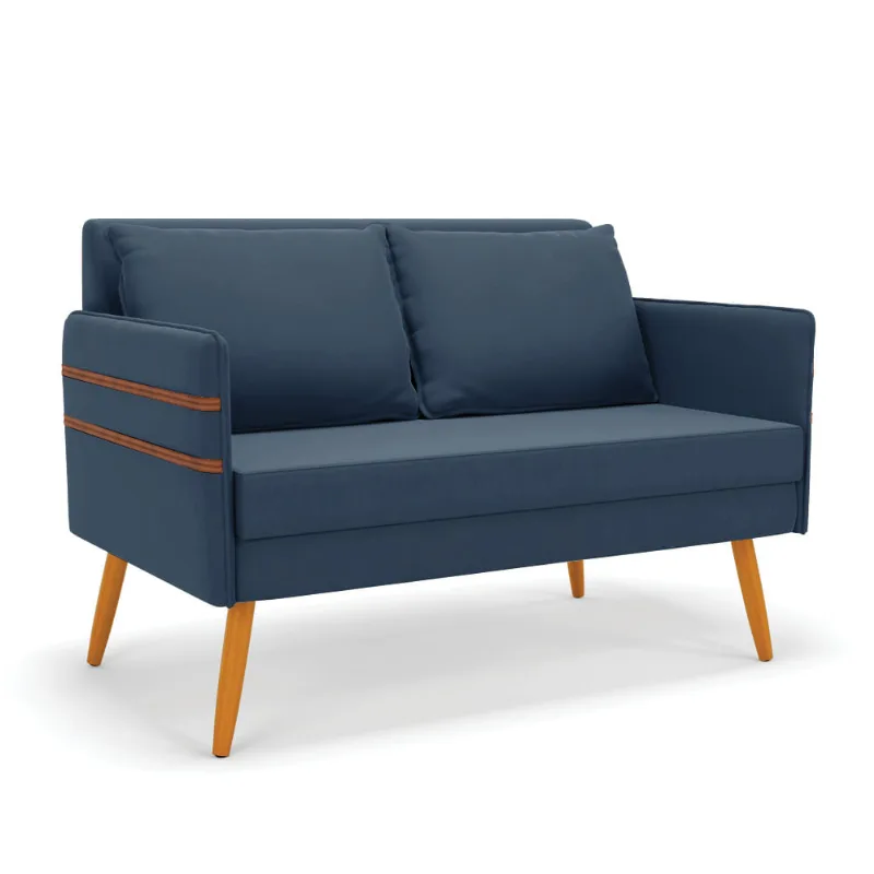 Namoradeira 02 Lugares Mari Suede Azul Marinho Pés Palito Castanho - D'Rossi - DRossi