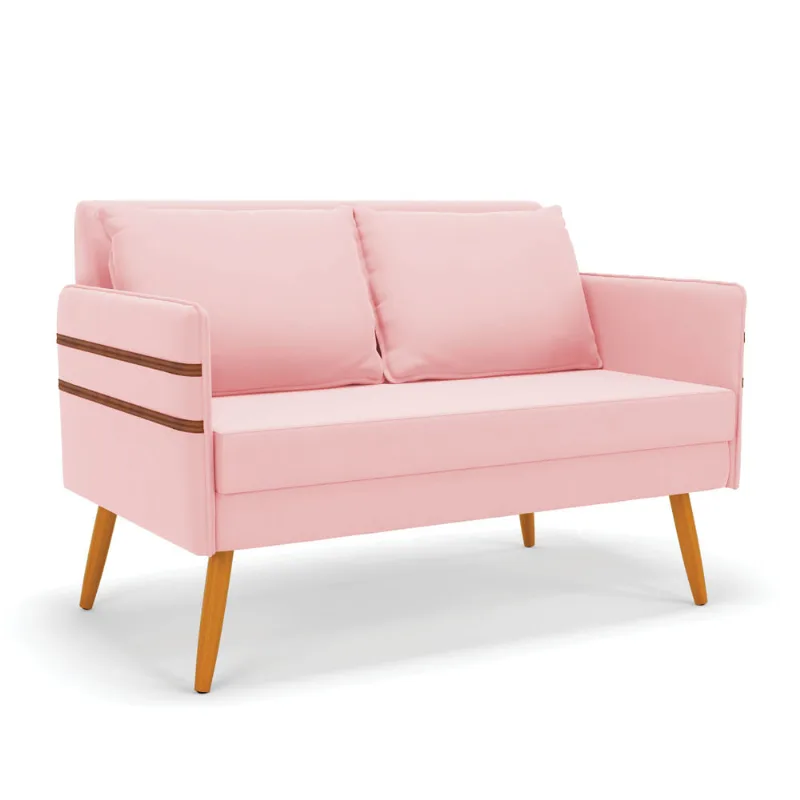 Namoradeira 02 Lugares Mari Suede Pés Palito Castanho - D'Rossi Rosa Bebê - DRossi