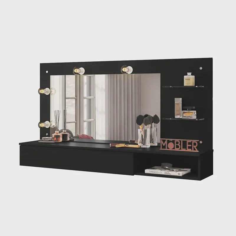 Penteadeira Camarim Suspenso Arlete com Espelho 01 Gaveta 135 cm Preto - D'Rossi