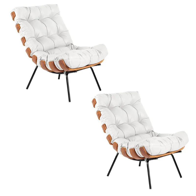 Kit 02 Poltronas Giratória Costela Couro Branco Base Madeira